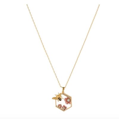 Bee and flowers on Honeycomb Necklace