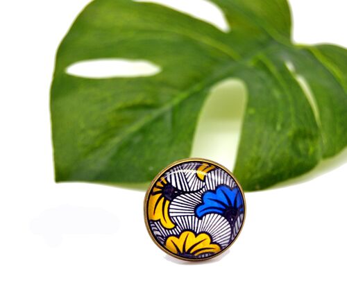 Bague ajustable wax bleu et jaune motif fleurs mariage Afrique ethnique cabochon en verre