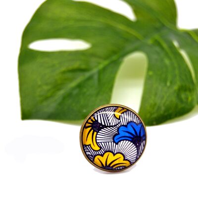 Bague ajustable wax bleu et jaune motif fleurs mariage Afrique ethnique cabochon en verre