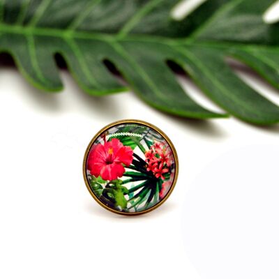 Anello regolabile cabochon tondo fiori esotici tropicali fucsia ibisco