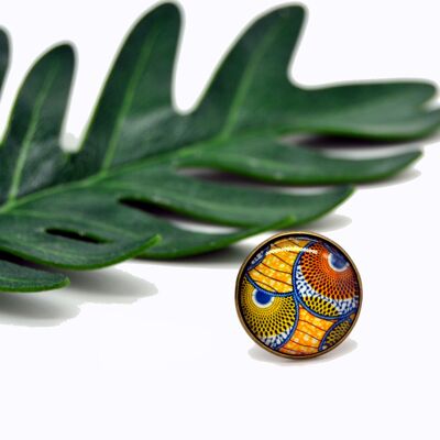 Ring wax orange brown blue ethnic African fabric glass cabochon jewelry