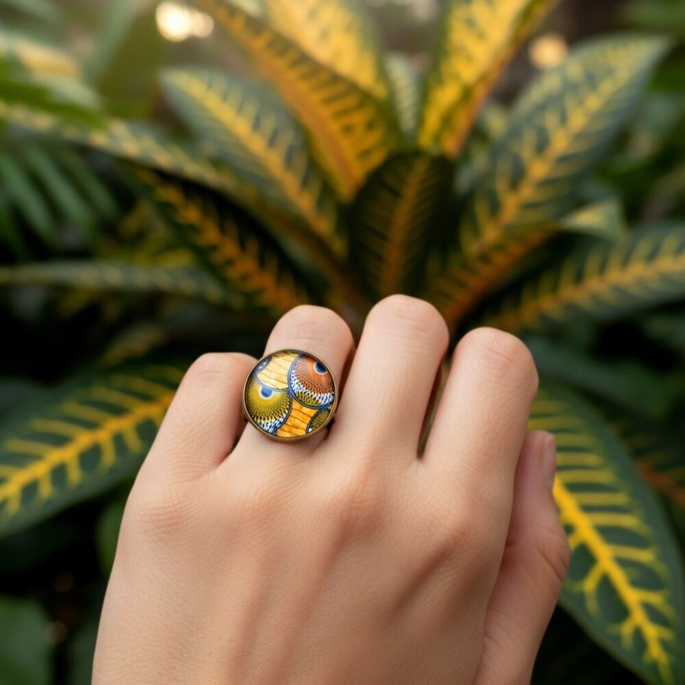 Anello cera arancio marrone blu tessuto etnico africano gioielli cabochon in vetro