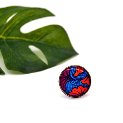 Round adjustable glass ring cabochon wax African flower orange blue bronze