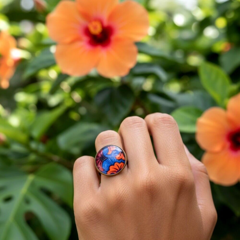 Anillo de cristal ajustable redondo cabujón cera flor africana naranja azul bronce