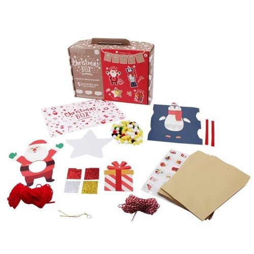 CHRISTMAS BOX – Box créative de 5 + 2 activités : Cracker / Calendrier de l'Avent / Etoile à décorer / Personnage à pompons / Carte mosaïque à personnaliser / Guirlande village de Noël / Jeux "CHERCHE ET TROUVE"