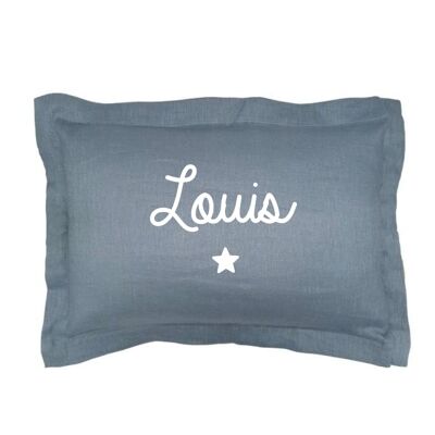Customizable gray blue linen cushion first name little star