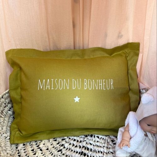 Coussin personnalisable en lin moutarde "la maison du bonheur" petite étoile