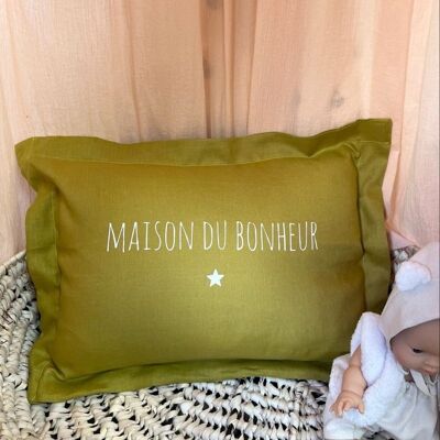 Customizable cushion in mustard linen "the house of happiness" little star