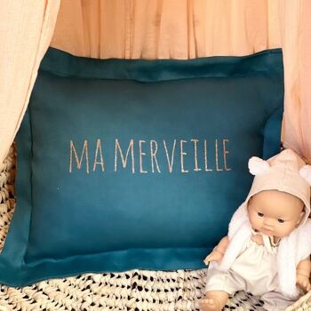 Coussin personnalisable en lin bleu canard "ma merveille"