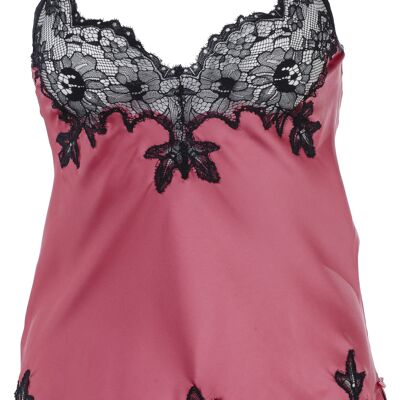 Fuchsia satin top with encrusted black lace