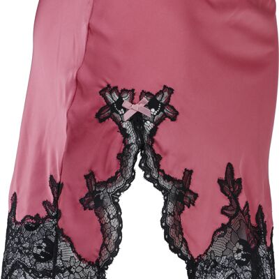 Fuschia satin skirt with encrusted black lace