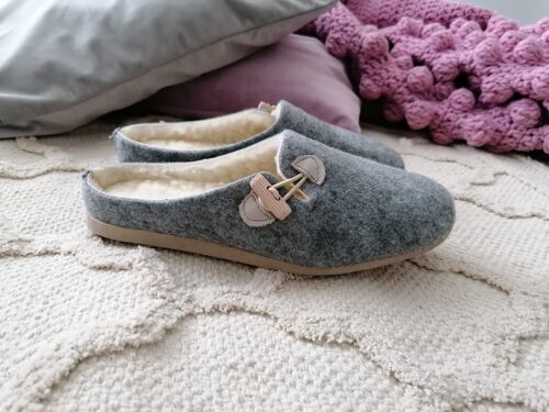 Felt Mule Slippers with Cream Details