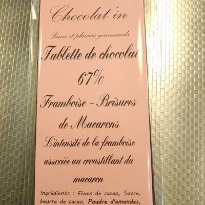 Barra de chocolate amargo 67% Frambuesa y chips de macarrón