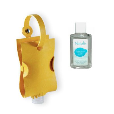 Dispensador amarillo con gel higiénico para manos