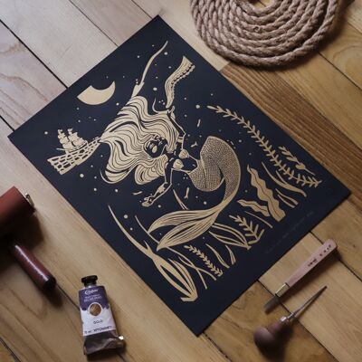 Linogravure - Affiche artisanale - Marie-Morgane - 30x40 cm
