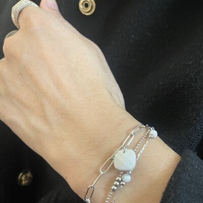 Bracelet acier perle pierre semi-précieuse pendentif carré howlite
