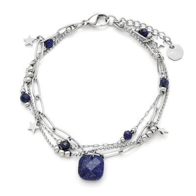 Bracelet acier perle pierre semi-précieuse pendentif carré lapis-lazuli