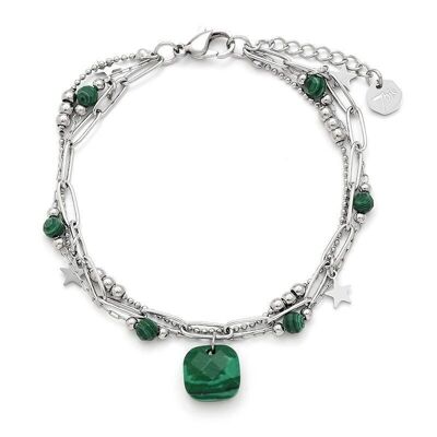 Bracelet acier perle pierre semi-précieuse pendentif carré malachite