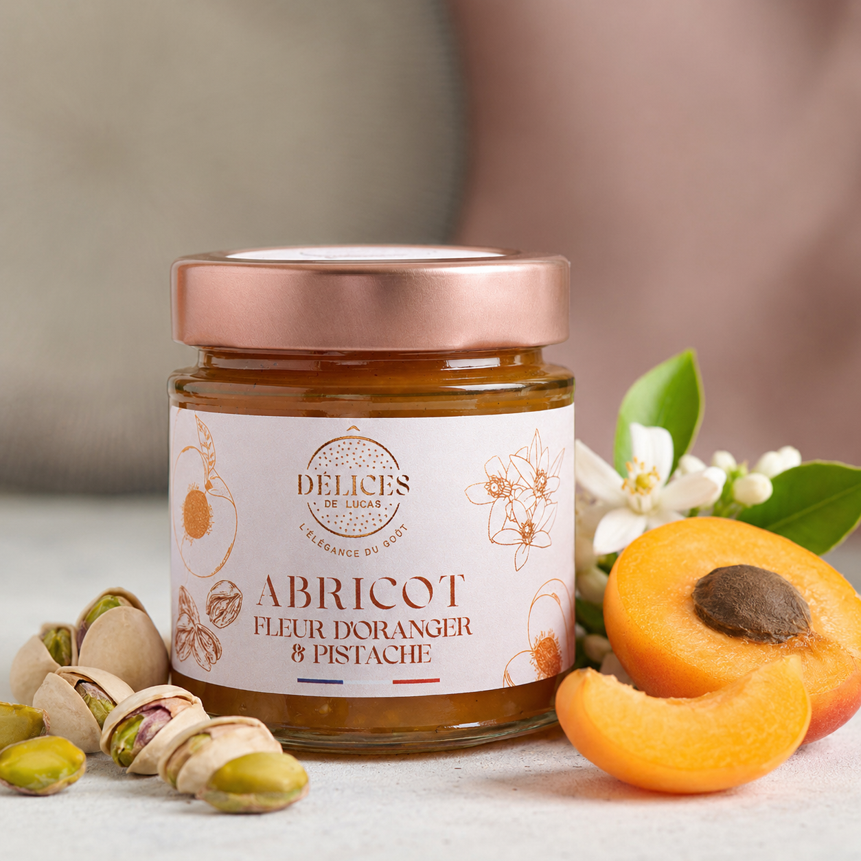 Confiture Abricot, Fleur d'Oranger & Pistache - Artisanale et Fabriquée en France - 220GR