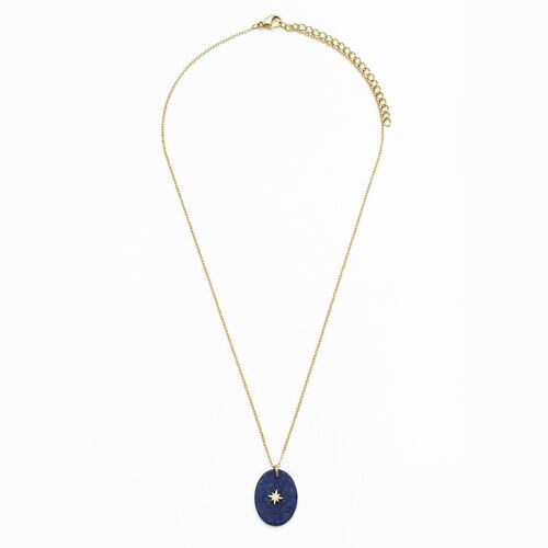 Collier acier pierre ovale rose des vents au centre lapis-lazuli