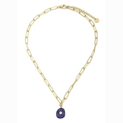 Steel necklace oval chain stone round pebble metal center lapis lazuli
