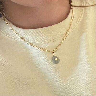 Steel necklace oval chain stone round pebble metal center labradorite