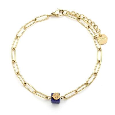Steel bracelet chain link oval cube semi-precious stone rosette lapis lazuli