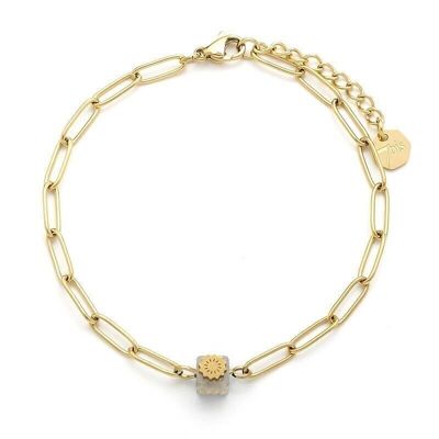 Steel bracelet chain link oval cube semi-precious stone rosette labradorite