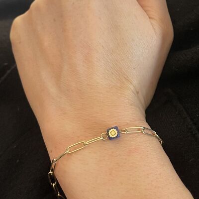 Steel bracelet chain link oval cube semi-precious stone malachite rosette
