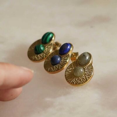 Circle semi-precious stone steel earrings