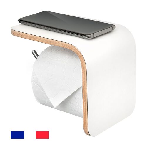 Dérouleur Papier Toilette Mural en Bois Blanc avec Tablette