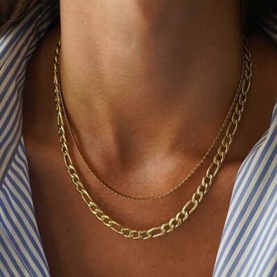 Double row steel necklace with wide curb chain and curb chain