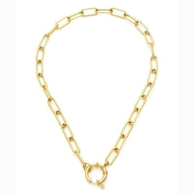 Gold steel necklace with oval chain links and a round clasp