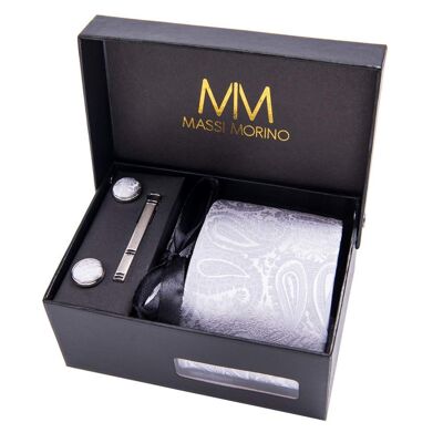 Massi Morino® Paisley Krawattenbox mit Einstecktuch, Manschettenknöpfe und Krawattennadel - Grau