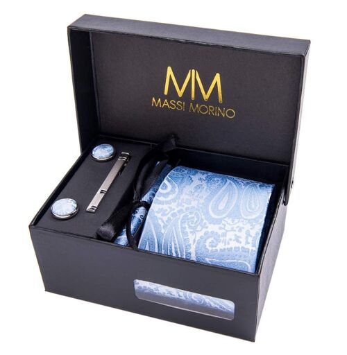 Massi Morino® Paisley Krawattenbox mit Einstecktuch, Manschettenknöpfe und Krawattennadel - Hellblau