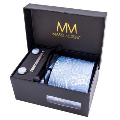 Caja de corbatas con pañuelo de bolsillo, gemelos y pasador de corbata Massi Morino® Paisley - Azul claro