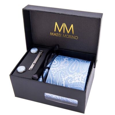 Massi Morino® Paisley Krawattenbox mit Einstecktuch, Manschettenknöpfe und Krawattennadel - Hellblau