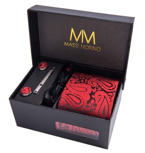 Massi Morino® Paisley Krawattenbox mit Einstecktuch, Manschettenknöpfe und Krawattennadel - Rot