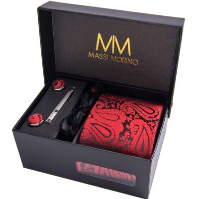 Massi Morino® Paisley Krawattenbox mit Einstecktuch, Manschettenknöpfe und Krawattennadel - Rot