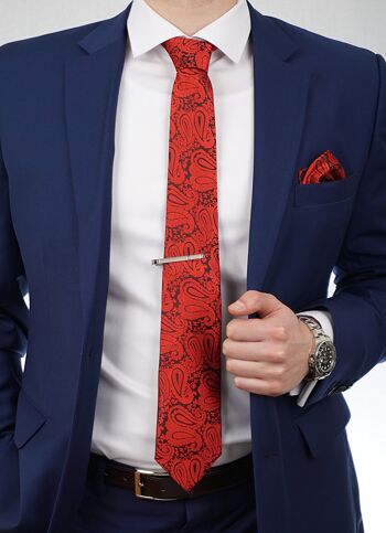 Boîte à cravate Massi Morino® Paisley avec pochette, boutons de manchette et pince à cravate - Rouge 9