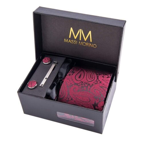 Massi Morino® Paisley Krawattenbox mit Einstecktuch, Manschettenknöpfe und Krawattennadel - Weinrot