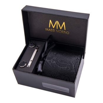 Boîte à cravate Massi Morino® Paisley avec pochette, boutons de manchette et épingle à cravate - Noir 1