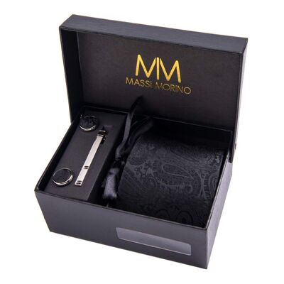 Boîte à cravate Massi Morino® Paisley avec pochette, boutons de manchette et épingle à cravate - Noir