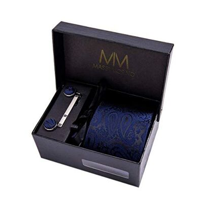 Massi Morino® Paisley Krawattenbox mit Einstecktuch, Manschettenknöpfe und Krawattennadel - Dunkelblau