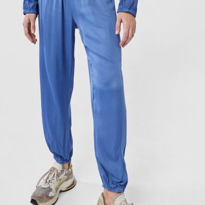 SONYA Satin Jogger Style Pants With Elastic Waistband in Blue