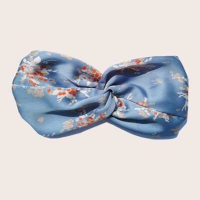 Headband GEORGIA / sky blue satin polyester with terracotta flowers