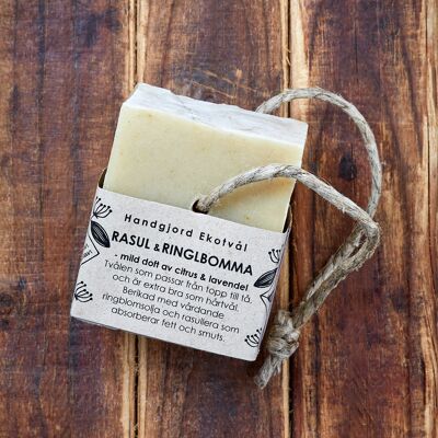 Eco Soap Rhassoul & Calendula - gentle scent of citrus & lavender 170 g on hemp rope