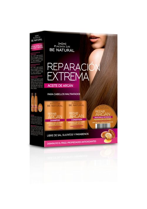 Repair Argan. Kit de Reparación para Cabellos Maltratados. Pack de champú, acondicionador y mascarilla. Aceite de argán.