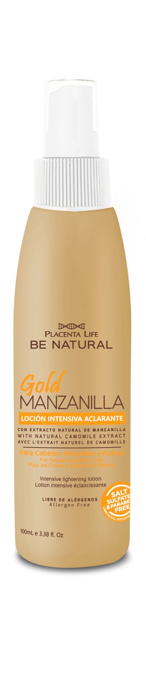 Gold Manzanilla, Loción intensiva. Aclarante para el cabello natural. Cabellos naturales y rubios. Contenido 350 mililitros.