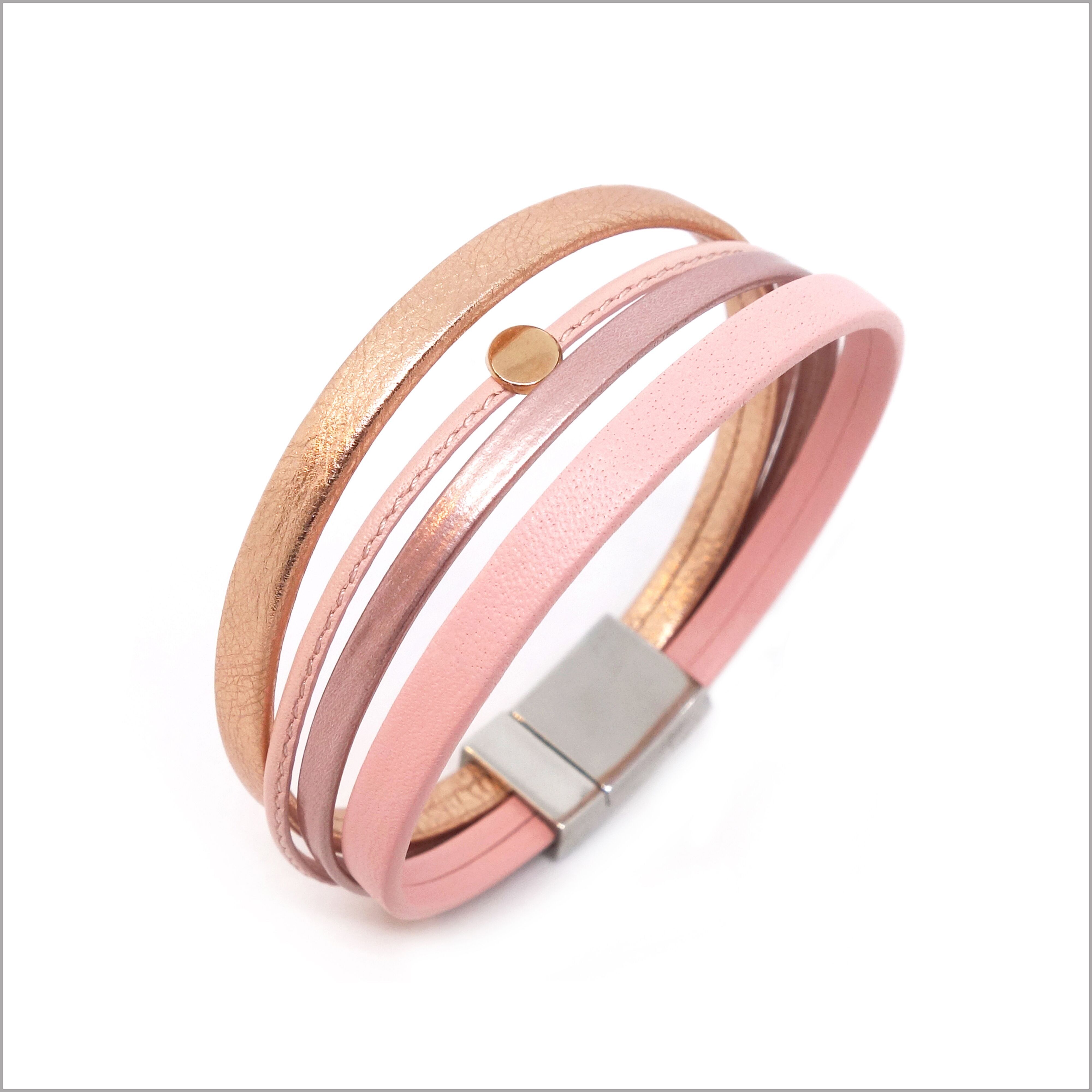 Damen-Manschettenarmband aus rosafarbenem Leder und Roségold